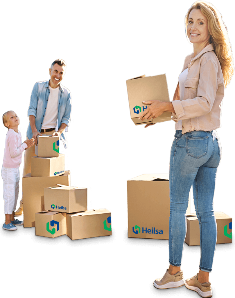 Heilsa-home-banner-image Family coming from shopping to house and carrying cardboard boxes from Heilsa