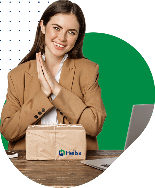 heilsa-aboutus-home-photo Smiling female entrepreneur working with client orders along with product package