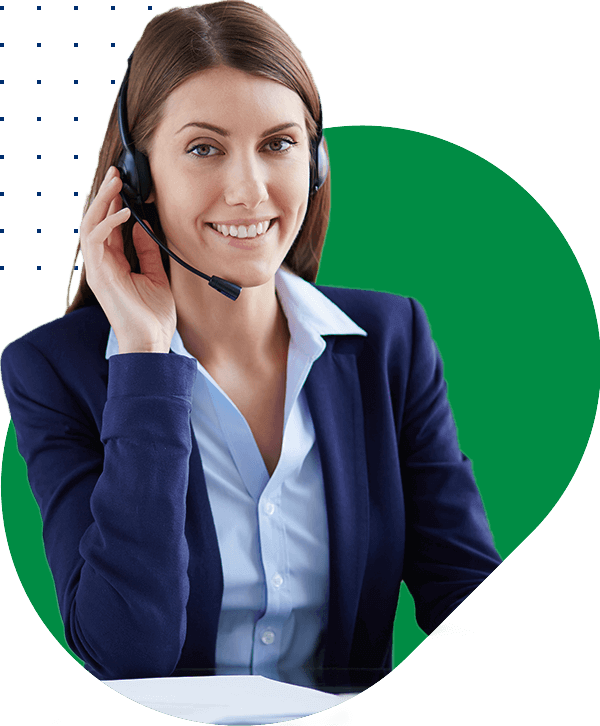 A smiling businesswoman in a call center office wearing headset